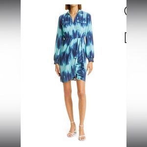 Toccin Tie Dye Wrap Front Long Sleeve Shirt Dress in Blue Size 0 NWT